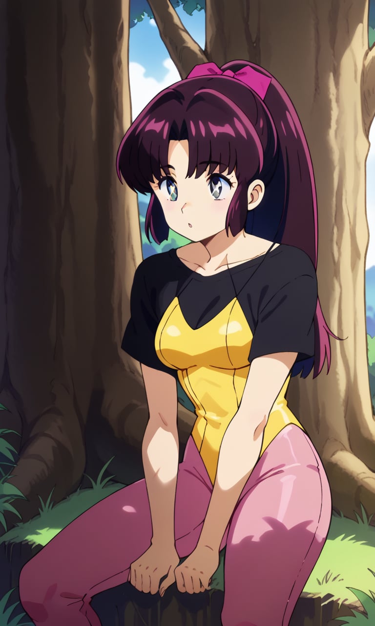 score_9, score_8_up, score_7_up,  <lora:asuka_mizunokoji:1>,urusei_asukaxl, blue eyes, symbol-shaped pupils, long hair, purple hair, black hair, two-tone hair,  ponytail, yellow leotard, pink yoga pants, pink hair ribborn, leotard over clothes, black shirt, short sleeves, retroart style, 1980s \(style\), sitting, under a tree, looking up, :o, outdoors, nature, grass, day, blue sky, cowboy shot, 