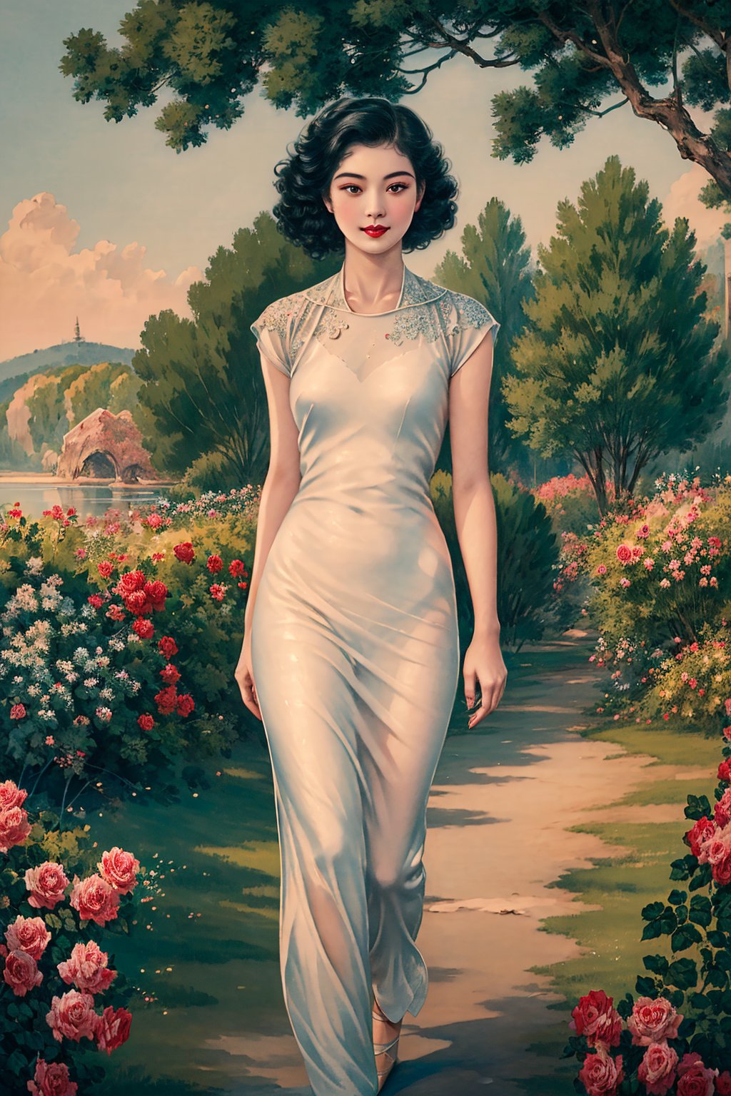 dingxiongquan,minguoguanggao, 1girl (eyes (dark black, crystal clear, long and delicate eyelashes), nose (raised, slightly upturned nose tip), lips (rose, defined lip line), hairstyle (black hair, smooth and shiny), skin (fair, flawless, delicate  porcelain), posture (walking confidently and elegantly, light and elegant gait), (looking at the viewer, flowing hair, curly hair, short hair, outdoor, upper body): 1.53)Background ((Rose Field): 1.5, Sky),Masterpiece, Best Quality, Unreal Engine 5 Rendering, Cinematic Lighting, Cinematic Lenses, Cinematic Effects, Detail, HDR, UHD, 8K, CG Wallpapers