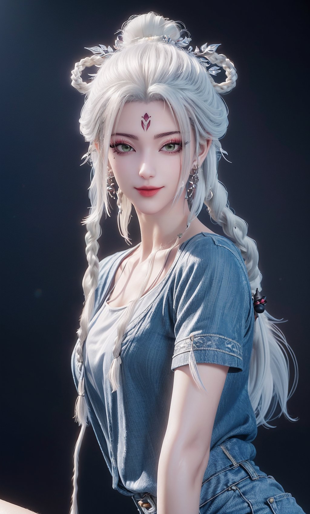 (Solid background:1.2),masterpiece,(best quality),white hair,official art,extremely detailed cg 8k wallpaper,(extremely delicate and beautiful),solo,realistic,photo_\(medium\),portrait,1girl,(forehead mark,multiple braids,hair bun,hair stick,braid,hair ornament,:1.1),thighhighs,<lora:xiaobai_new_v2.1:0.65>,white T-Shirt,short  jeans,bare thigh,