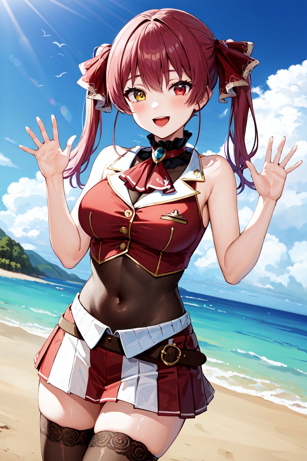 masterpiece, best quality, highres, bbmarine, twintails, heterochromia, red ascot, bare shoulders, red shirt, bare arms, sleeveless, see-through, (leotard under clothes:1.2), covered navel, belt, pleated skirt, red skirt, black thighhighs, <lora:houshou_marine_v1:0.7>, smile, waving, open mouth, outdoors