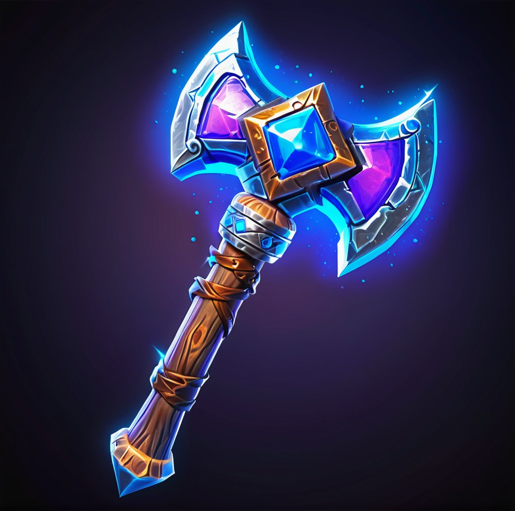 digital game illustration, fantasy hammer, magical weapon, enchanted warhammer, glowing runes, gemstones, metallic texture, wood handle, wrapped grip, blue and purple color scheme, intricate metalwork, high-quality illustration, digital art, isolated on dark background, three-dimensional effect, shiny reflections, game asset ,<lora:游戏-000002:0.6>