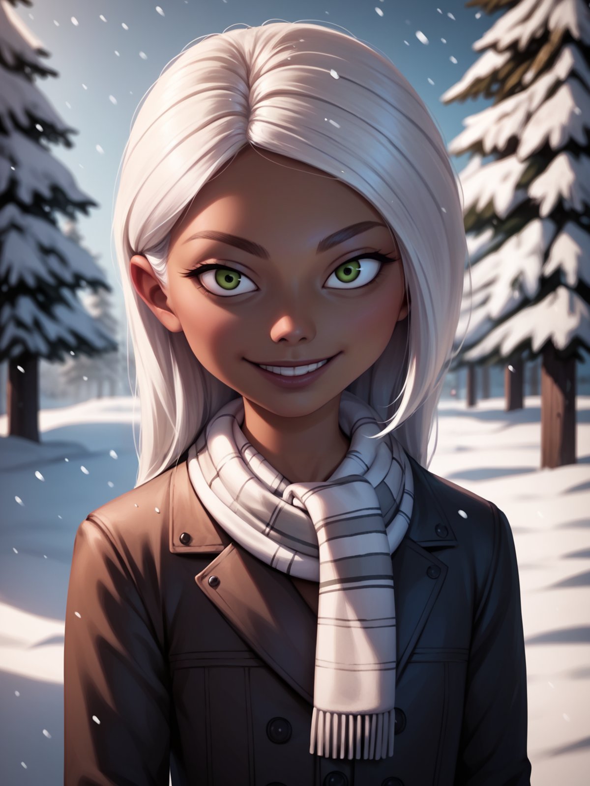 score_9, score_8_up, score_7_up, score_6_up, score_5_up, score_4_up, BREAK, realistic,1girl, mirage, mirage standing outdoors in the snow during the winter,white hair, long hair, green eyes, dark skin, winter clothes, white scarf, coat,seductive smile, looking at viewer, outdoors, snow, snowing, solo, tree, winter    <lora:MirageXL:1>