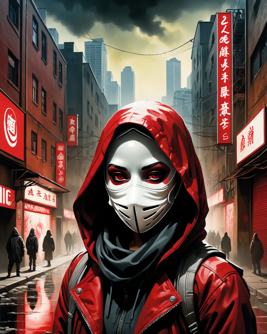 <lora:purtest5124x05:1> Epic scene, art shows a woman figure with a cloth draped over their head and a white mask with dark, hollow eyes and red markings. The background suggests an urban setting, perhaps an underground passage, with dim lighting. The figure is dressed in a Nike jacket, adding a modern, streetwear element to the eerie, almost apocalyptic feel, Urban Art, Dark art, by Shepard Fairey and Katsuhiro Otomo, movie poster, extremely detailed, hyper resolution, cinematic volumetric lighting,