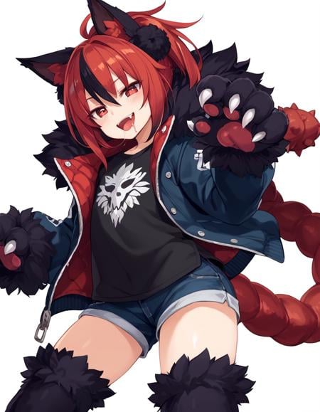 score_9, score_8_up, score_7_up, score_6_up, (masterpiece), 1girl, MGE artstyle, monster girl, manticore, one tail, clear and distinct features, prehensile tail, manticore tail, standing, leaning forwards, animal ears, animal arms, animal legs, jacket, t-shirt, shorts, red hair, black highlights, black fur, mane, (thighhigh fur), smiling, mouth open, fang, drooling, saliva strands, saliva trail, tongue out, expressive eyes, consistent features, leathery wings, dripping liquid, clear features, white background, human male, dominant monster girl, BREAK, , <lora:ad7022a7-47a2-43ce-b5ec-01751d9d2180:0.8>