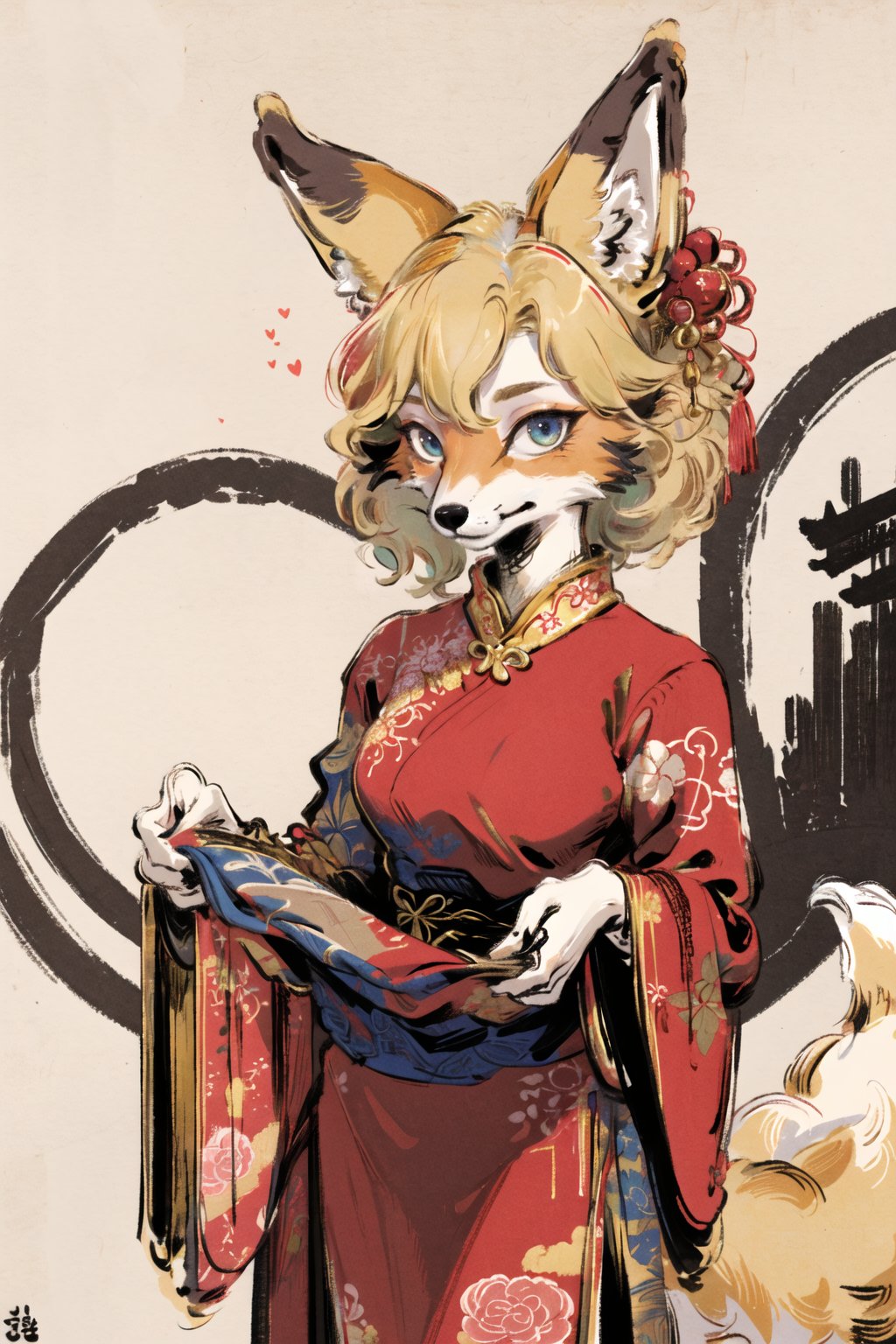 masterpiece,highres,furry fox girl,solo,blonde,chinese dress, hair ornament, anicent chinalooking at viewer, 