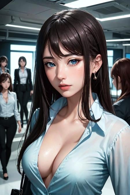 group picture, multiple girls, 5girls, looking at viewer, realistic, shiny skin, (office lady), business suit, cleavage, (beautiful face:1.1), (masterpiece, high quality:1.2)  (Multiple Girls Group:1), (medium breasts:1.3), motherly, porcelain skin,mature female, (unbuttoned shirt:1.3)masterpiece, best quality, realistic, ultra highres, depth of field, (sci-fi movie effect, futuristic theme:1.3), (detailed face:1.2), (detailed eyes:1.2), (detailed background), (masterpiece:1.2), (ultra detailed), (best quality), intricate, comprehensive cinematic, magical photography, (gradients), colorful, detailed landscape, visual key, ((shiny skin))