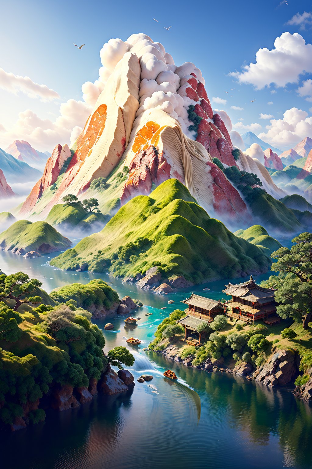 masterpiece,best quality,<lora:微缩世界-美食版>,miniature photography,a mountain formed by fruits,the river formed by noodles,the mountain formed by ginger,