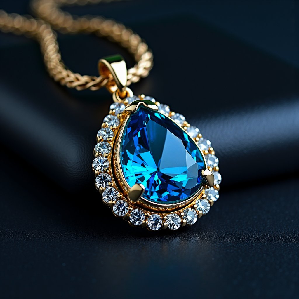 there is a blue glass pendant on a gold chain, close up shot of an amulet, pendant, refractive crystal jewelry, small necklace, amulet, necklace on display, magic amulet, necklace, emerald jewelry, luxurious neckless, maler collier, gemstones and treasures, cyber necklace, sci fi necklace, jewelry photography, swarovski, sparkling dark jewelry, 3 d ray traced crystals and gems, blue jewellery, dozens of jeweled necklaces, gemstone necklace, jeweled technology, embedded with gemstones, gemstones and gold, pendants, the tesseract, presenting magic gem, product photograph, jewelry iridescent, jewelry lighting, copious jewelry, bulgari style