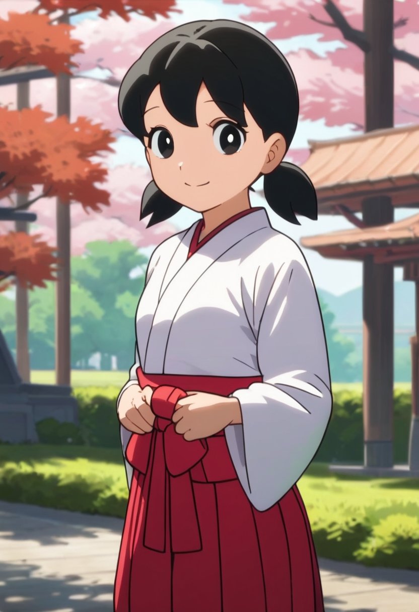 score_9, score_8_up, score_7_up, score_6_up, score_5_up, score_4_up, source_anime,minamoto shizuka,1girl, solo, japanese clothes, black hair,miko, black eyes, smile, twintails, outdoors, hakama, looking at viewer, skirt, short hair, day, short twintails, hakama skirt, tree, red hakama, long sleeves,masterpiece, perfect face, best quality, beautiful eyes, shiny eyes, anime coloring, anime screencap, absurdres, award winning, <lora:minamoto shizuka nai3 905:0.7>