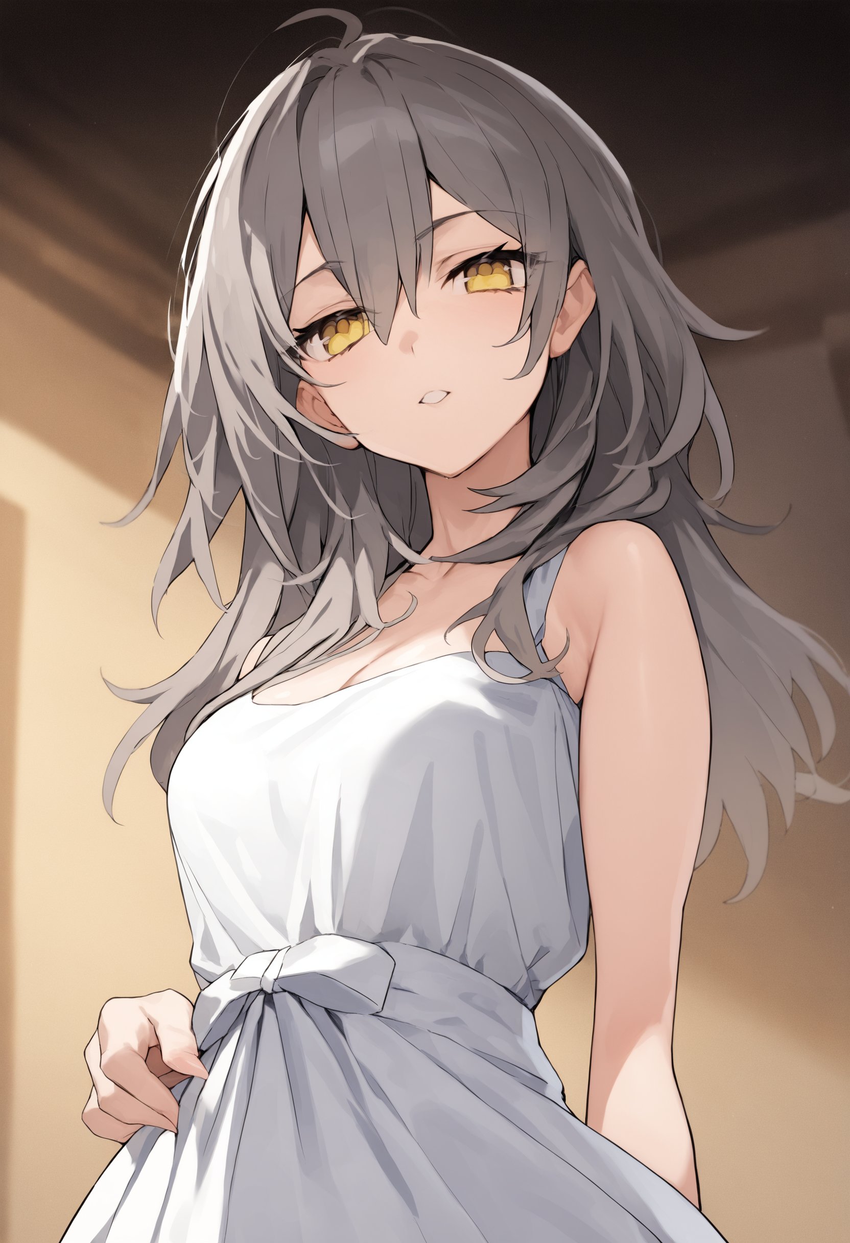 <lora:xl_Stelle(kohaku_delta):1>,stelle is a girl with long gray hair and yellow eyes,white dress,, masterpiece, best quality,