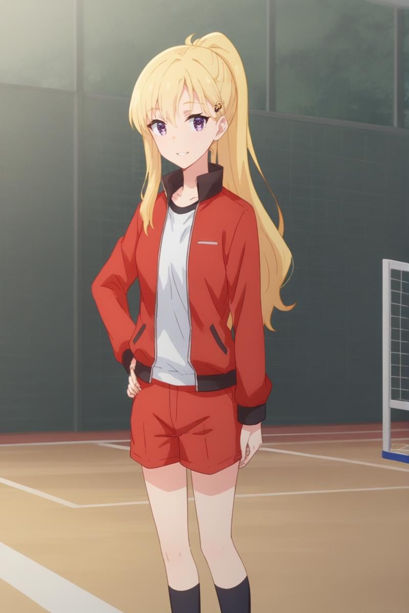 score_9, score_8_up, score_7_up, score_6_up, score_5_up, score_4_up, BREAK source_anime, 1girl, solo,<lora:AyaseSakiXL-v1-07:0.8>, ChopioAyase, long hair, blonde hair, shiny hair, hair between eyes, purple eyes, highly detailed eyes, hair clip, looking at viewer, ponytail,outfit_4, track jacket, red jacket, open jacket, white shirt, red shorts, black socks, kneehighs, sneakers, white footwear,volleyball court, chain-link fence, standing, smile, parted lips, hand on own hip, contrapposto, 