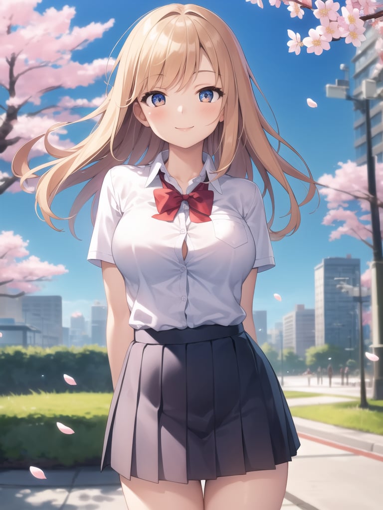 masterpiece,best quality,1girl,city,school uniform,arms behind back,cherry blossoms,blue sky,smile,breasts