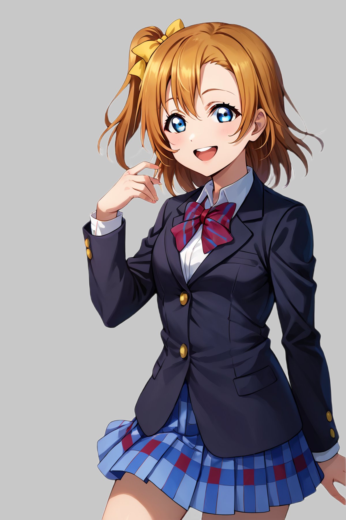 score_9, score_8_up, score_7_up, source_anime BREAK 1girl, solo, lovelive_honoka, cowboy shot, school uniform, black blazer, plaid skirt, one side up, yellow hair bow, red bowtie, medium hair, brown hair, blue eyes, looking at you, smile, open mouth, simple background, <lora:lovelive_honoka_2-000013:1>