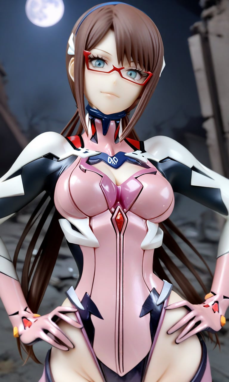 1girl, marishin, blue eyes, brown hair, medium breasts, cleavage, linea alba, hip bones, wide hips, (plugsuit:1.1), looking at viewer, light smile, upper body, straight-on, outdoors, ruins, night, moon, masterpiece, best quality, very aesthetic, absurdres, <lora:MariShinFlare_XL:1>