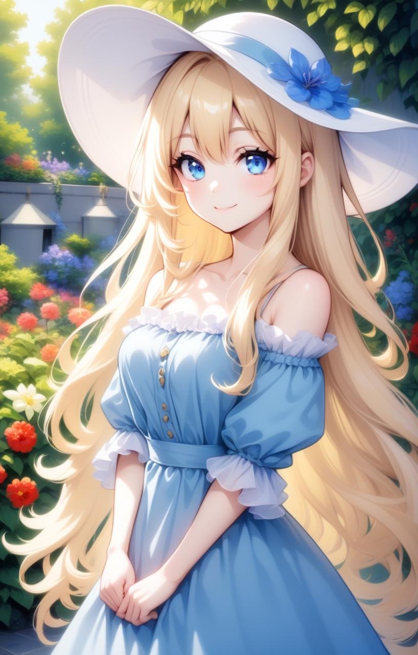 1girl, long hair, blue eyes, blonde hair, upper body, smile, dress, garden, hat,