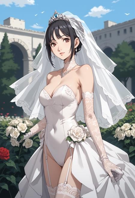 score_9, score_8_up, score_7_up, outdoors, 1girl, solo, looking at viewer,  bridal, wedding dress, bridal veil, tiara, (leotard),