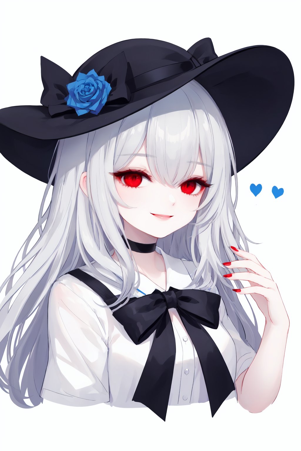 1girl,red eyes,solo,hat,blue flower,heart,signature,blue rose,horns,looking at viewer,smile,choker,flower,black choker,rose,blood,white headwear,black background,bangs,artist name,white hair,bow,hat flower,hair over one eye,sun hat,nail polish,simple background,hands up,upper body,portrait,hat bow,red nails,shirt,