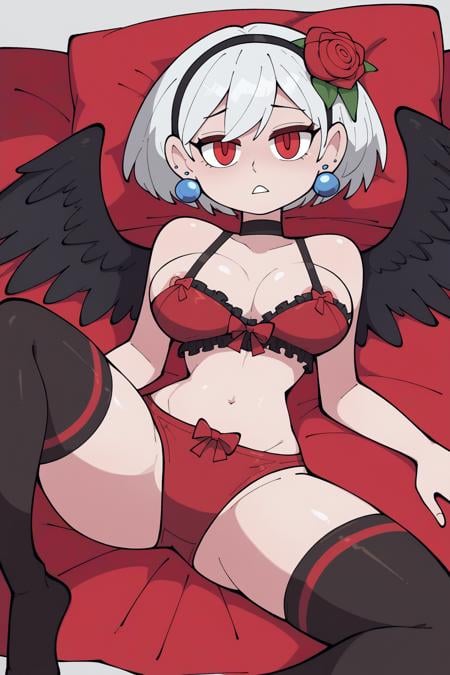 <lora:apple_xl:0.9>, score_9, score_8_up, score_7_up,score_6_up, score_5_up, score_4_up,red rose,flower,white hair,legs,wings,earrings,looking at viewer,on bed,pale skin,black wings,thighhighs,panties,areola slip,frilled bra,rose,red flower,spread legs,bow panties,on back,black choker,limeblock,red eyes,solo