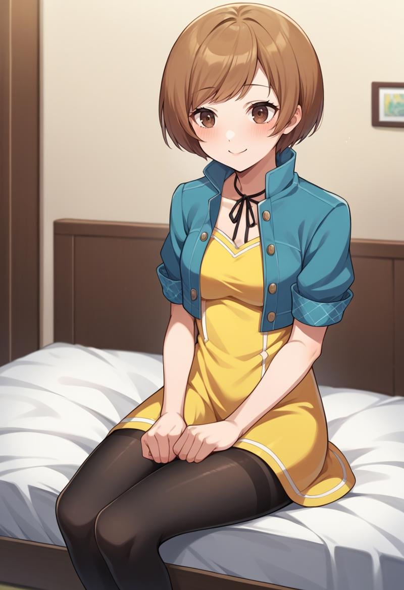 score_9, score_8_up, score_7_up, source_anime BREAK 1girl, solo, <lora:zs_ChieXL:1> chietimeskip, brown hair, medium hair, brown eyes, blue jacket, cropped jacket, yellow dress, black pantyhosecowboy shot, smile, blush, closed mouth, bedroom, bed, sitting, hands on lap