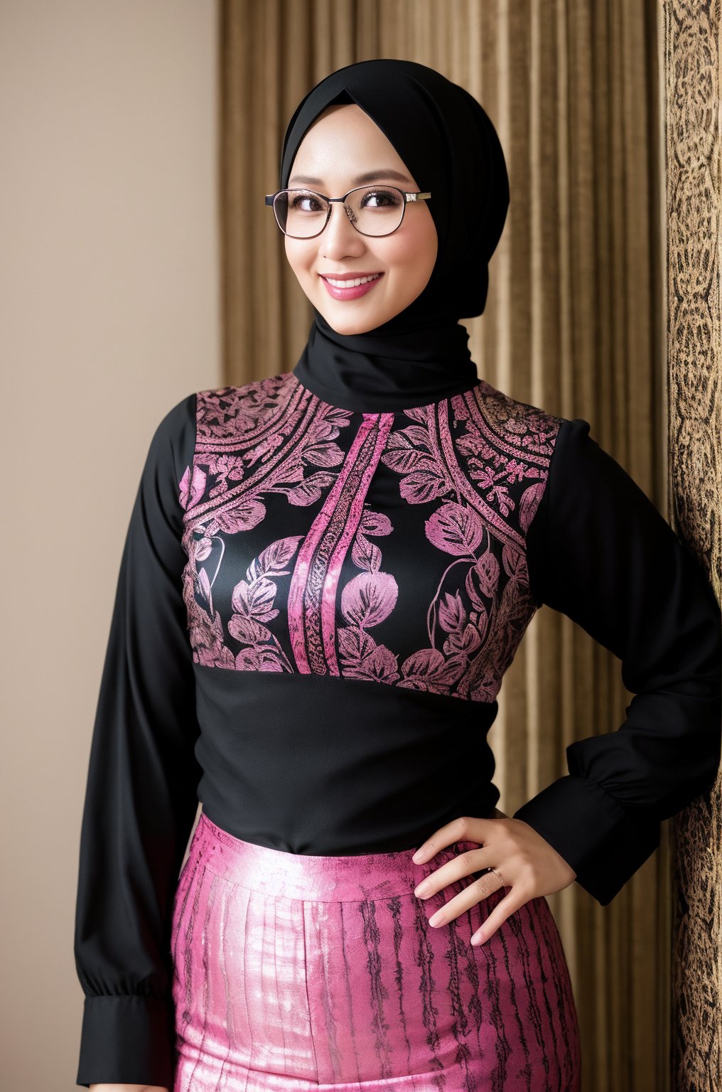 1girl, javabatik, pink and black batik, pattern batik, super realistic 3/4 shot, passionate pose, professional photography portrait of a 30 year old hijab woman in the luxury room, very realistic skin, cinematic lighting, very original batik fabric details, glasses, holding a waist, super thin and transparent leggings, long sleeve striped t-shirt, (big hips: 1.2), smiling, looking at the camera, (masterpiece :1.0), (best quality: 1.0), beautiful, (intricate details), unity 8k wallpaper, very detailed and really brightens up the realistic room, <lora:javabatik_1:0,8>