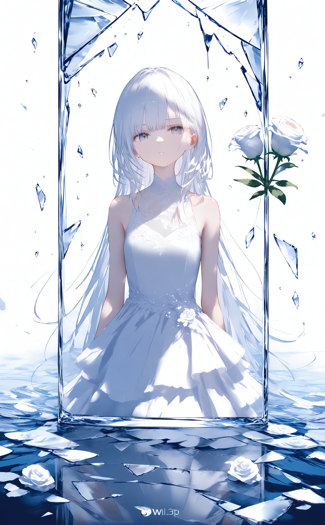 masterpiece,best quality,high quality,(colorful),nai3 Style,loli,1girl,solo,long hair,dress,looking at viewer,white eyes,glass,grey eyes,white dress,white hair,flower,broken glass,white theme,bare shoulders,blue theme,dress flower,glass shards,white flower,water,parted lips,closed mouth,sleeveless,reflection,sleeveless dress,watermark,white rose,expressionless,