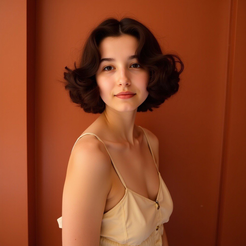 Against the plain, terracotta backdrop of an Art Deco design, a charismatic individual poses waist-up, their dark brown hair styled with subtle texture and eyes locking onto the camera lens with unbridled confidence. The soft, warm glow illuminates them highlighting delicate features and accentuating their figure.