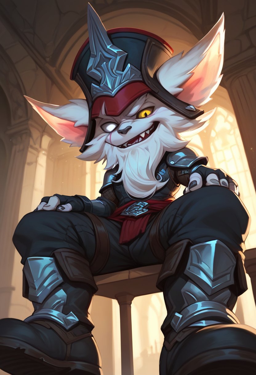 score_9, score_8_up, score_7_up, score_6_up, kl3d, 1boy, yordle, male focus, yellow eyes, white eye,scar across eye, one-eyed, facial hair, beard,  hat, black headwear, ears through headwear, armor, gloves, fingerless gloves, pants, boots , <lora:Kled_Default_v1:0.7>, castle, indoors, sitting, from below