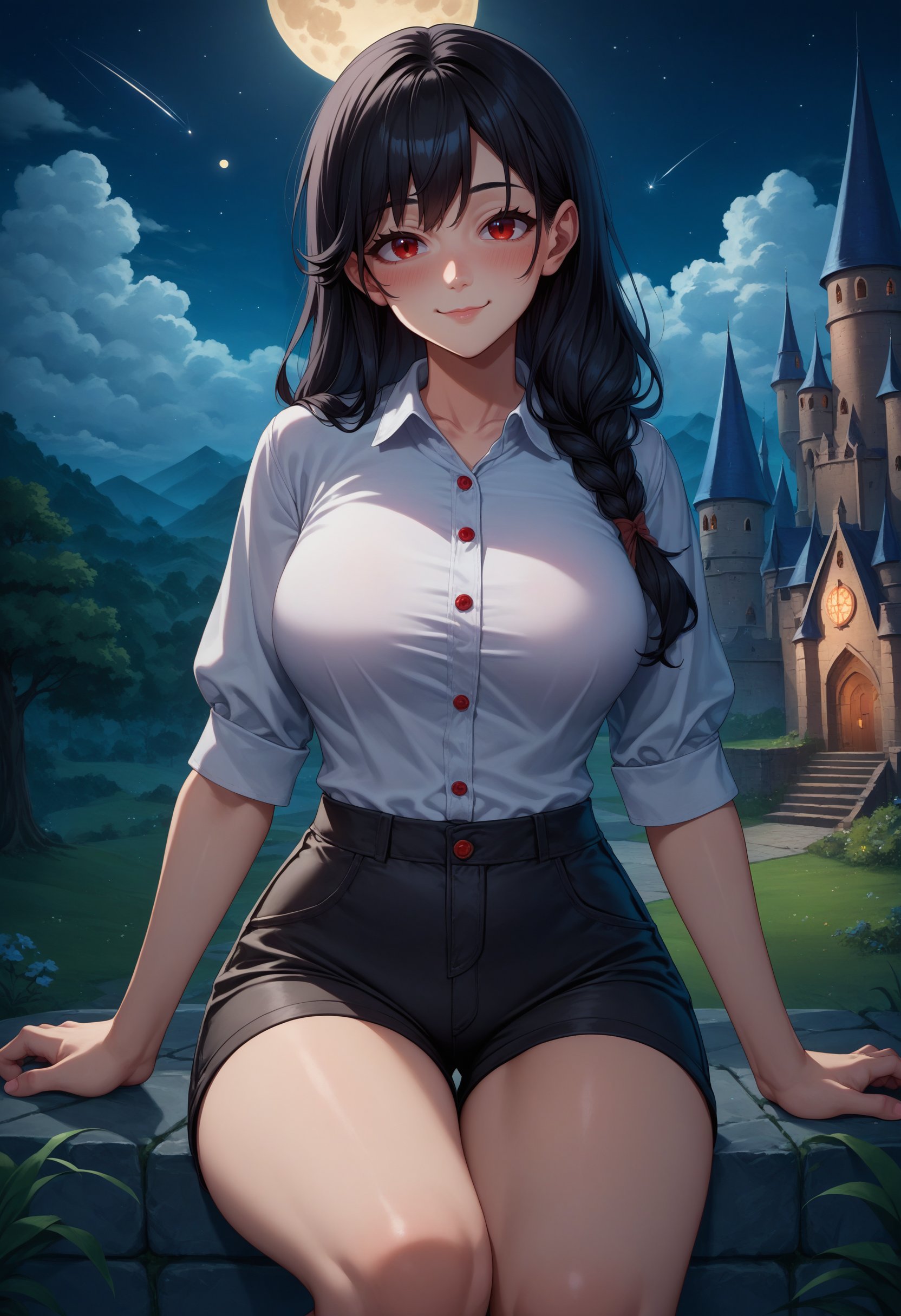 score_9, score_8_up, score_7_up, 1girl, black hair, long hair, red eyes, white shirt, short shorts, black shorts, cloud, moon, full moon, Hogwarts, castle hill, night sky, street, shooting star, looking at viewer, blush, light smile, closed mouth, strong pose, (mature female:0.65), hand up, knees,