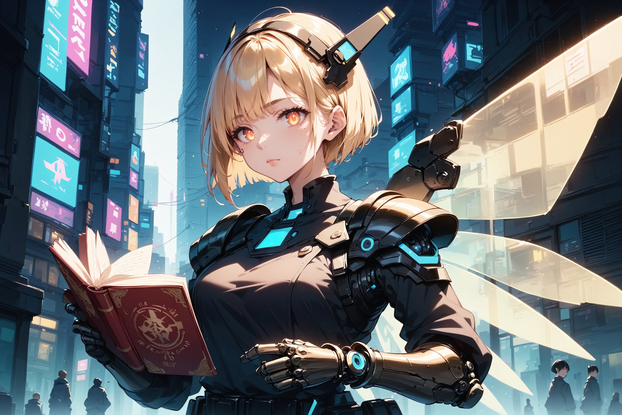 score_9,score_8_up,score_7_up,best_quality,masterpiece,2d-animestyle,BREAK1girl,yellow_hair,headgear,bob_cut,expressionless, glowing_eyes,prosthetic_arm,holographic_wings,holding_book,night,radio_tower,cyberpunk_city,outdoors,