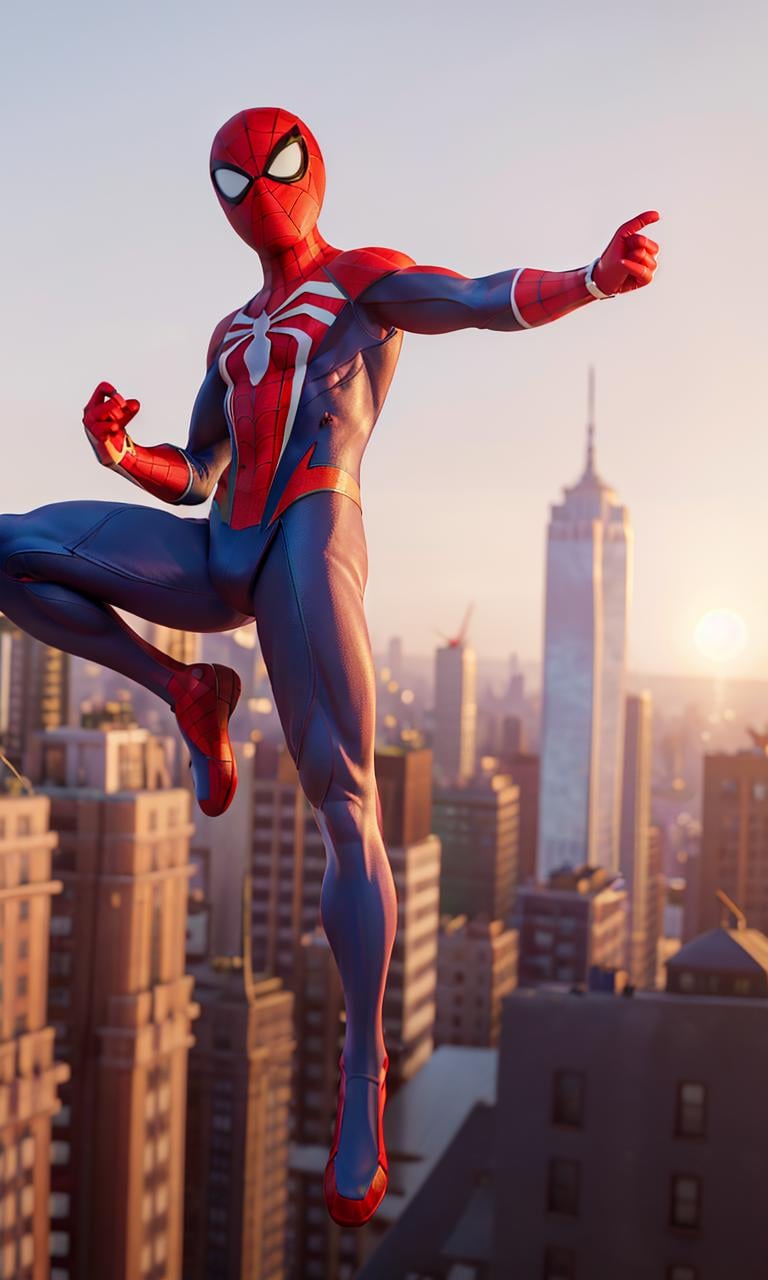 spideyadv2, man flying through city, muscular, best quality, masterpiece, 8k, uhd, night, new york, flexible man, spiderman pose, pixar style, 