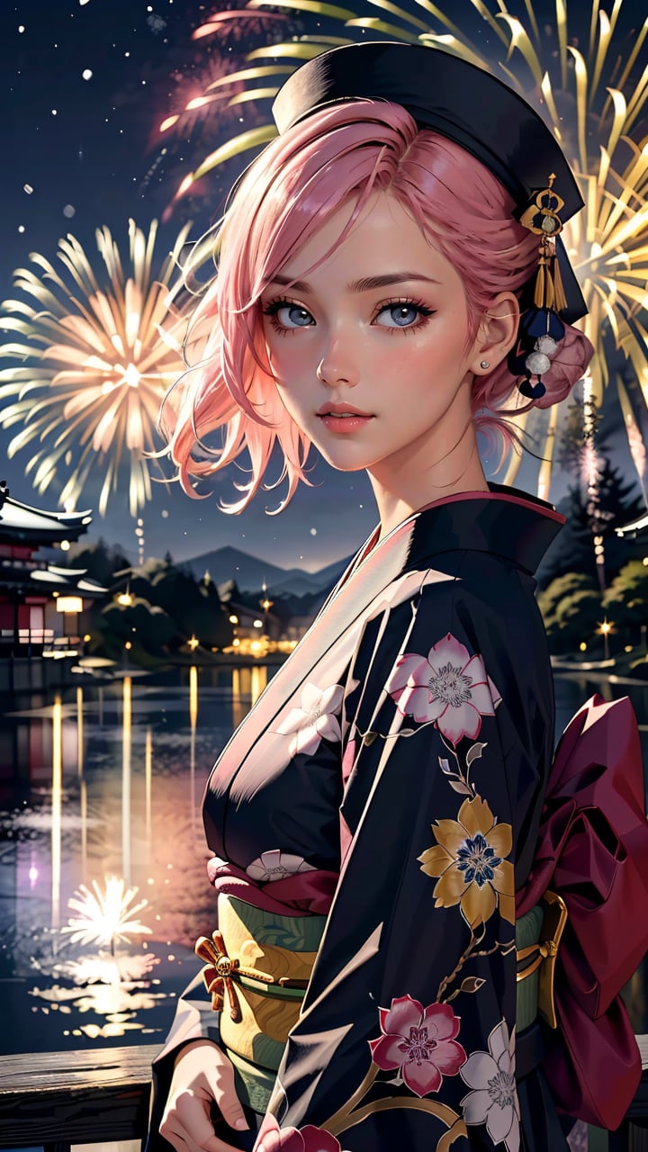 (best quality, masterpiece, colorful, dynamic angle, highest detailed) Realistic photo, fashion photography of a cute European girl with iridiscent pink hair, flirting with POV, in traditional japanese gold&black kimono, ultra detailed kimono textures, Santa Clauss hat, perfect snowing night, kyoto, fireworks, (intricate details, hyperdetailed:1.15), detailed, moonlight passing through hair, (official art, extreme detailed, highest detailed), HDR+