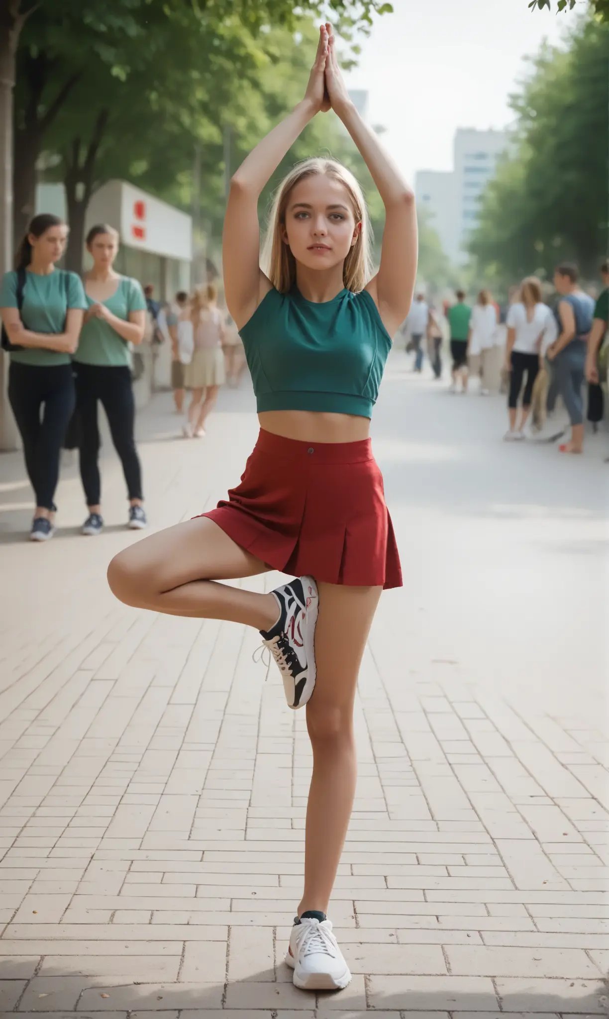 score_9, score_8_up, score_7_up,  doyotr, (slim 25yo girl) in red short skirt and green shirt and (sneakers) doing yoga treeat a (crowded pedestrian area).  long blonde hair  <lora:YogaTreePony-000012:.8>