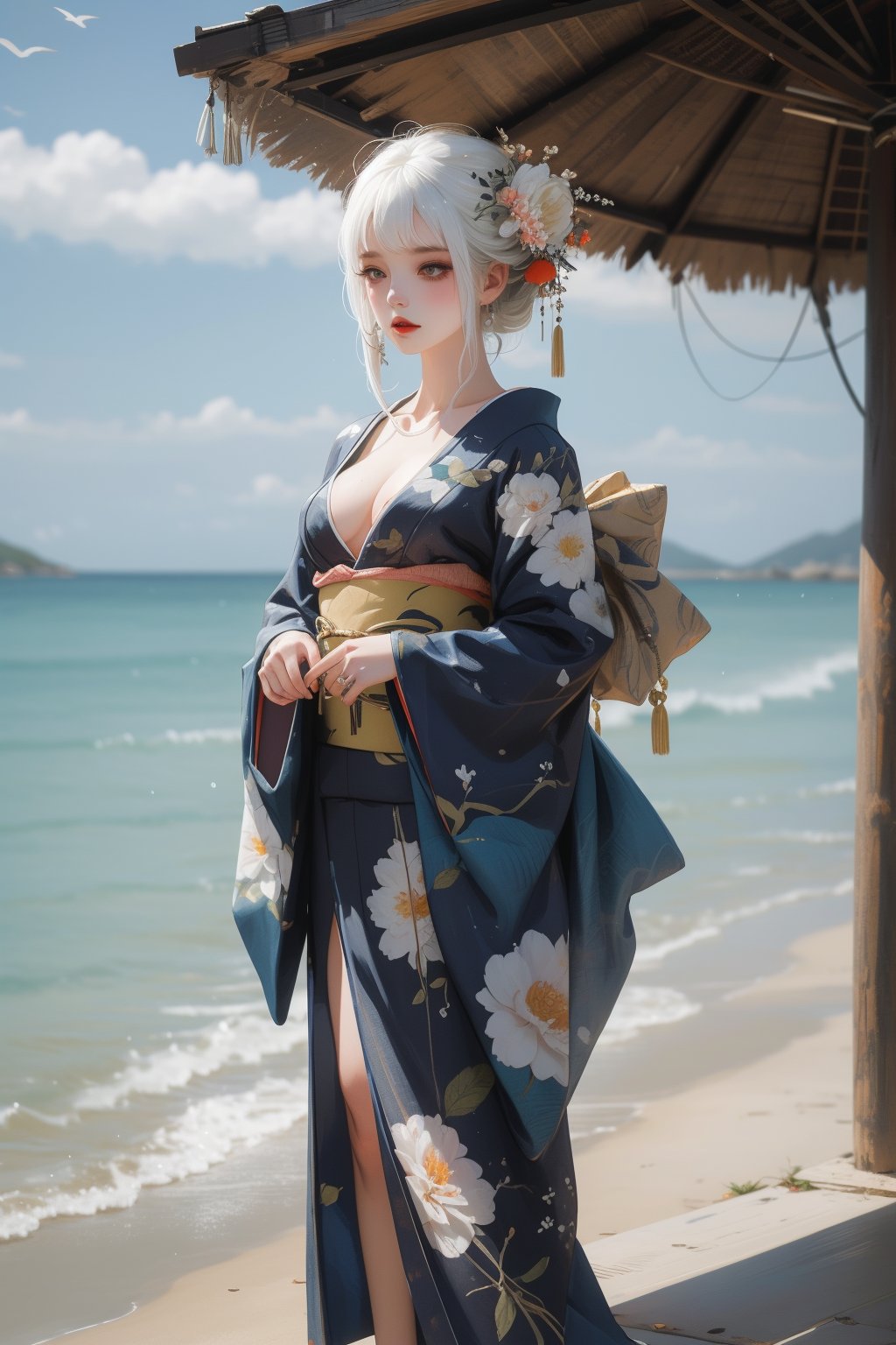 1girl,kimono,full body,hair flower,bangs,solo,cleavage,over the sea,white hair,<lora:麻袋2024-030和服权重0.6-0.9:0.7>,, masterpiece,best quality,ultra-detailed,