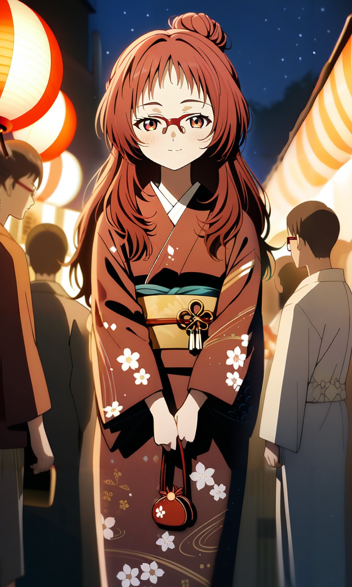 (masterpiece), (best quality), highres, general, (intricate details, very aesthetic), good hands, 1girl,  <lora:ai_mie_AnimagineV1:1>, miewz, red eyes, glasses, red hair, long hair, hair bun, single hair bun, kimono, yukata, japanese clothes, floral print, night, summer festival, looking at viewer, light smile, light blush, wide sleeves, obi, standing, cowboy shot, handbag, v arms<lora:sd_xl_dpo_lora_v1:1>