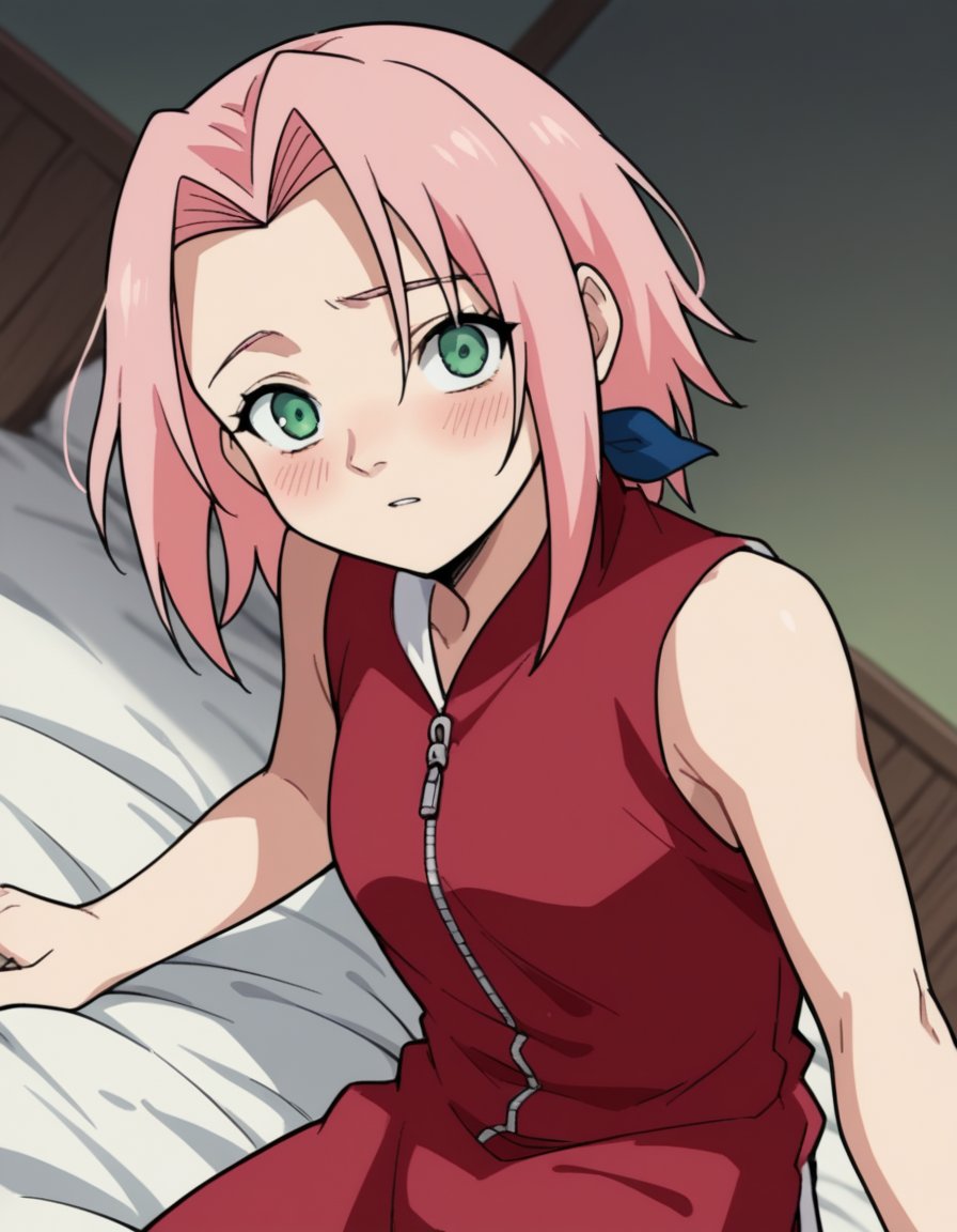 score_9, score_8_up, score_7_up, source_anime, <lora:sakura-haruno-s1-ponyxl-lora-nochekaiser:1>, sakura haruno, medium hair, green eyes, pink hair, parted bangs,, dress, red dress, bare shoulders, collarbone, sleeveless, sleeveless dress, zipper, zipper pull tab, forehead protector,, indoors, bed, bed room, on side, blush, drunk, looking at viewer, solo,, cowboy shot, dutch angle