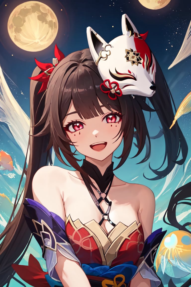 quality, masterpiece, highres,   <lora:sparklev1:1>,sparkle \(honkai: star rail\), 1girl, breasts,  cleavage, solo, open mouth, fish, looking at viewer, medium breasts, bare shoulders, upper body, smile, fox mask, mask on head, red eyes