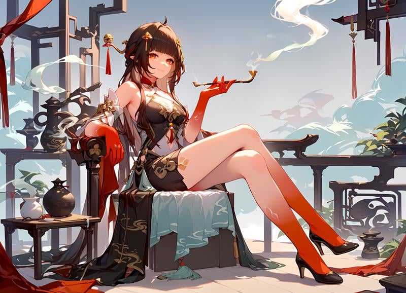 (score_9, score_8_up, score_7_up), 1girl, lingsha, red limbs, hair ornament, black heels, holding smoking pipe, smoke, smile, closed mouth, sitting, <lora:lingsha-strPO-vzar-000008:0.9>