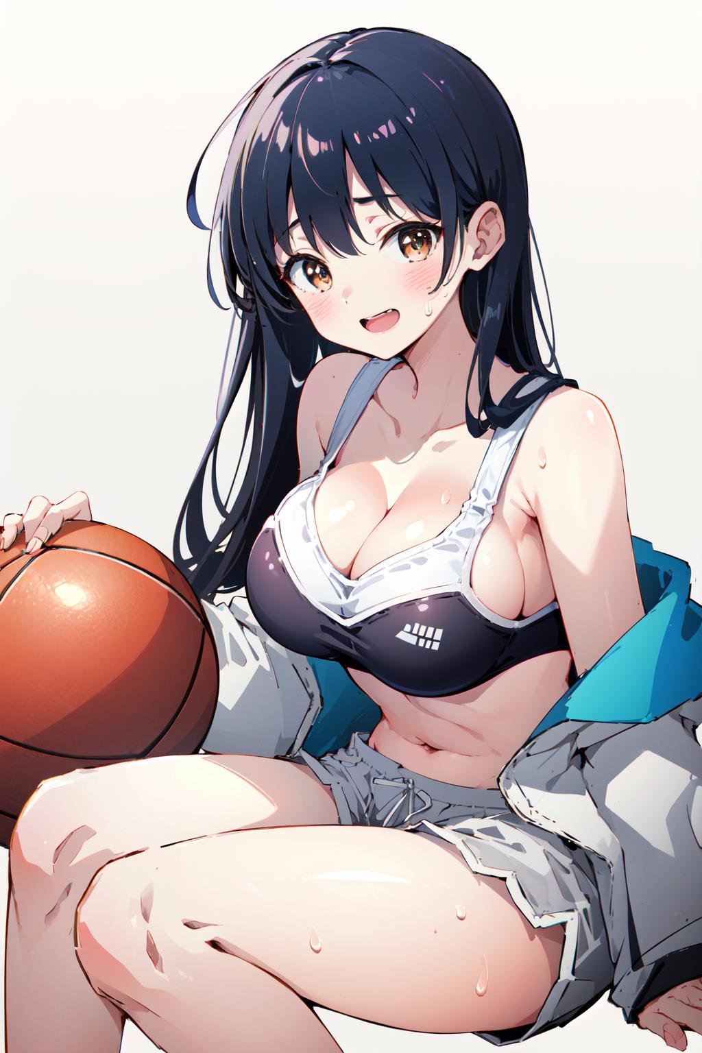 (masterpiece:1.2),best quality,PIXIV,Anna yamada,1girl,solo,breasts,breast press,looking at viewer,shorts,long hair,white background,black hair,ball,simple background,brown eyes,large breasts,open mouth,sports bra,sweat,sideboob,blush,bangs,sportswear,sitting,smile,grey shorts,show cleavage,<lora:Anna yamada-000016:0.8>,