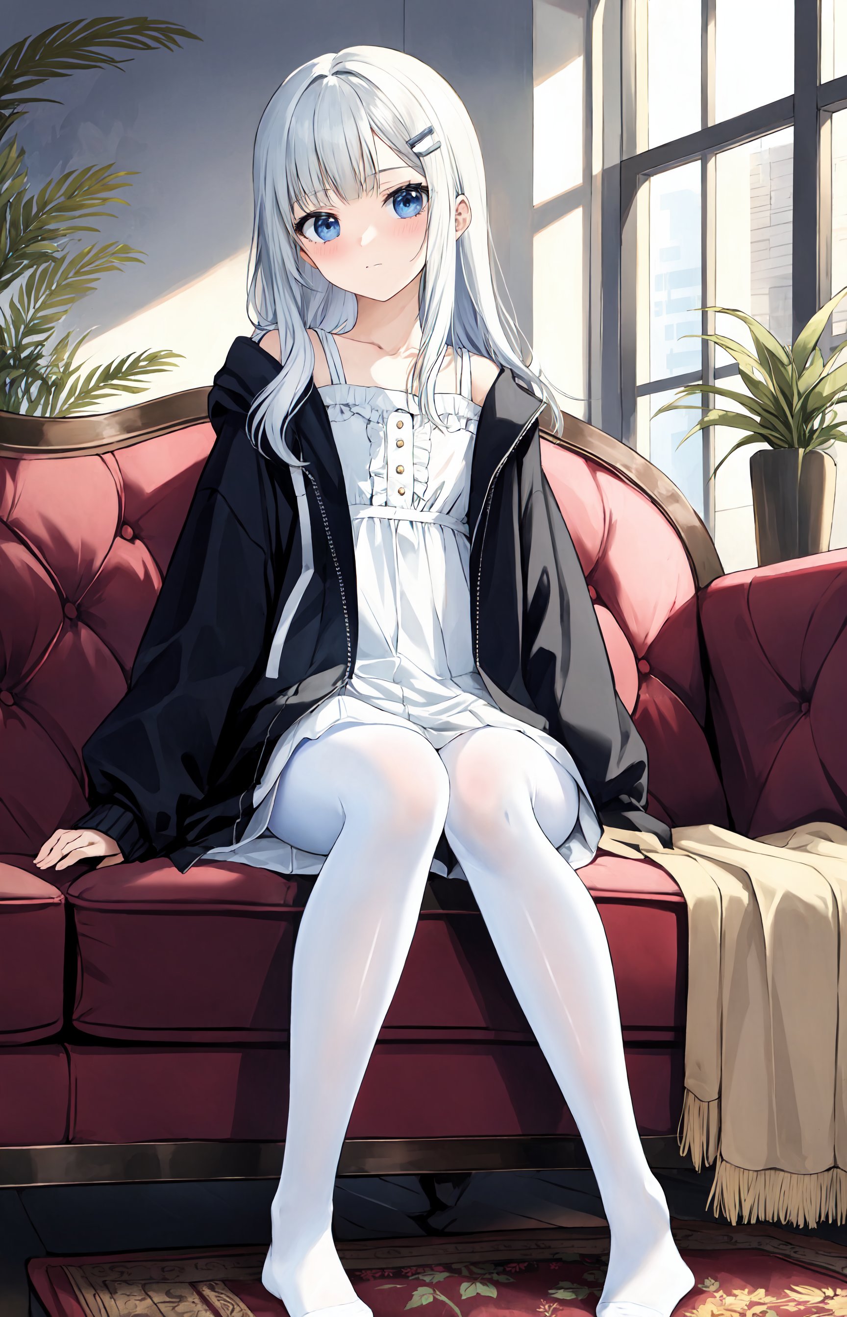 ((best quality)), ((masterpiece)), ((ultra-detailed)), (illustration), (detailed light), (an extremely delicate and beautiful),incredibly_absurdres,1girl, solo,looking at viewer,closed mouth,((sitting on couch)),long white hair,blunt bangs, blue eyes,hairclip,black jacke,((white pantyhose)),hair ornament,no shoes,long sleeves,plant,((couch)), indoors,(carpet)