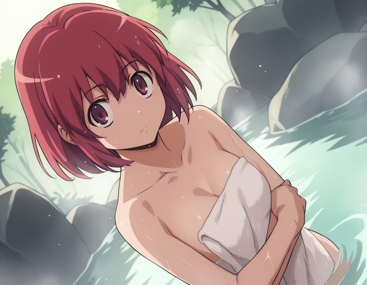 score_9, score_8_up, score_7_up, source_anime,minorikushieda, <lora:minori-kushieda-s1-ponyxl-lora-nochekaiser:1>,minori kushieda, short hair, red eyes, red hair,nude, naked, outdoors, onsen, towel, naked towel, steam, bathing, nude cover, partially submerged, water, bath, steam censor, wet towel,looking at viewer, solo, cowboy shot, dutch angle,