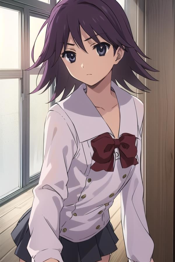 natsumikoizumi, <lora:natsumi koizumi s1-lora-nochekaiser:1>,natsumi koizumi, short hair, purple hair, (black eyes:1.5),BREAK skirt, thighhighs, school uniform, shoes, black thighhighs, zettai ryouiki, bow, red bow,BREAK indoors, classroom,BREAK looking at viewer, (cowboy shot:1.5),BREAK <lyco:GoodHands-beta2:1>, (masterpiece:1.2), best quality, high resolution, unity 8k wallpaper, (illustration:0.8), (beautiful detailed eyes:1.6), extremely detailed face, perfect lighting, extremely detailed CG, (perfect hands, perfect anatomy),