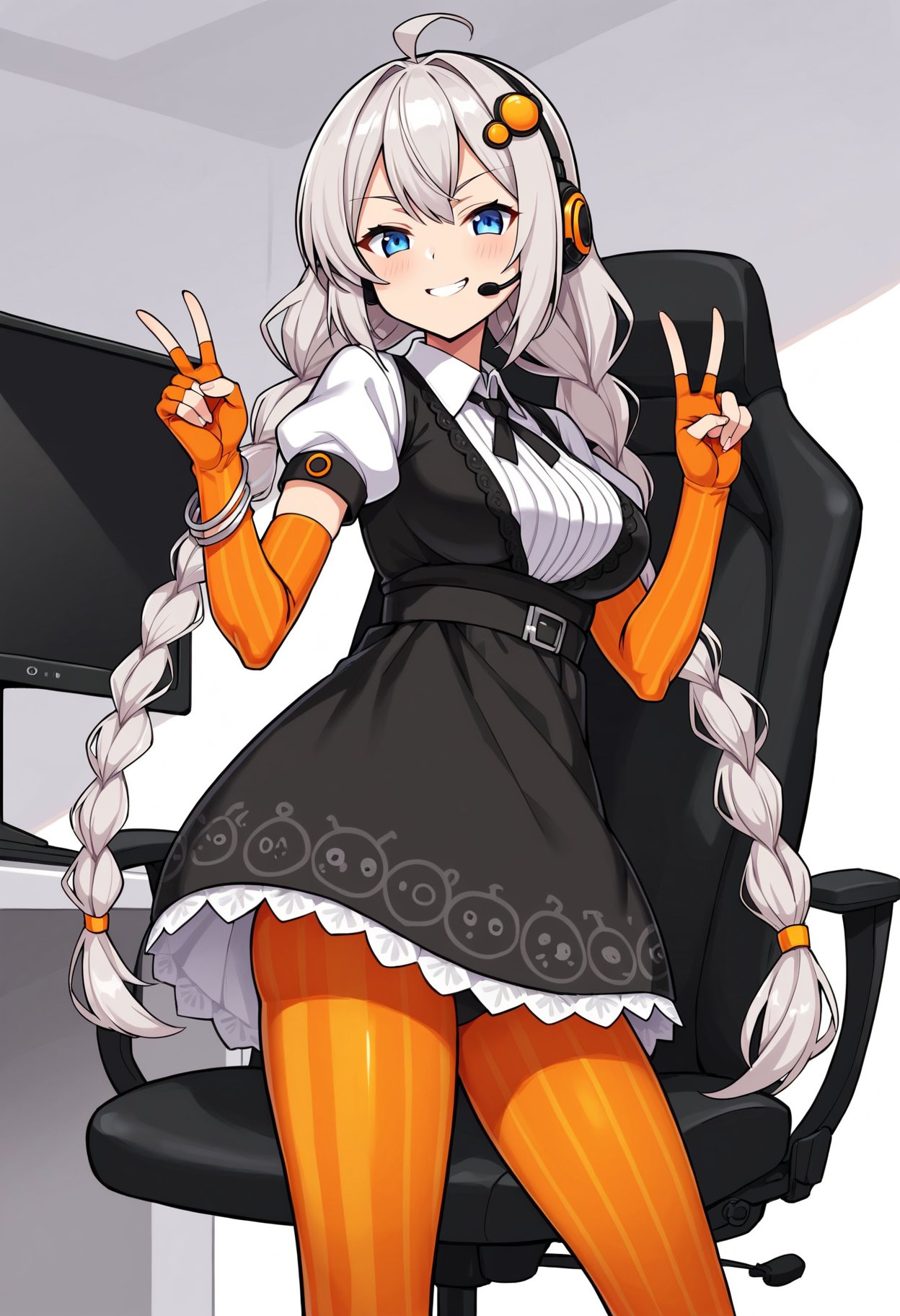 score_9, score_8_up, score_7_up,<lora:KizunaAkari_MMD_Pony_V1:0.95>blue eyes, grey hair,  ahoge, twin braids, braid, very long hair, hair ornament, hair tubes, headphones, headset,black dress,  lace-trimmed dress, short sleeves, puffy sleeves,orange gloves, striped gloves, elbow gloves, fingerless gloves, bracelet,orange pantyhose, striped pantyhose,star print, star (symbol), vertical stripes,from side,, looking back,, cowboy shot,,Streamer room, gaming chair, gaming PC, game equipment, controller, TV monitor, PC monitor, headphones, headset, anime poster, game poster,foods, Holding food ,smile,cowboy shot ,huge brests,smug, smirk, blush,peace sign,