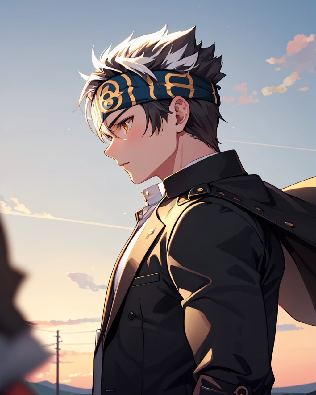 masterpiece,best quality, highly detailed, horkeu kamui,1boy, solo, muscular male, jacket on shoulders, bara, headband, ainu clothes, large pectorals, revealing clothes, from side, upper body, wind, bare pectorals,<lora:horkeu_kamui:1>