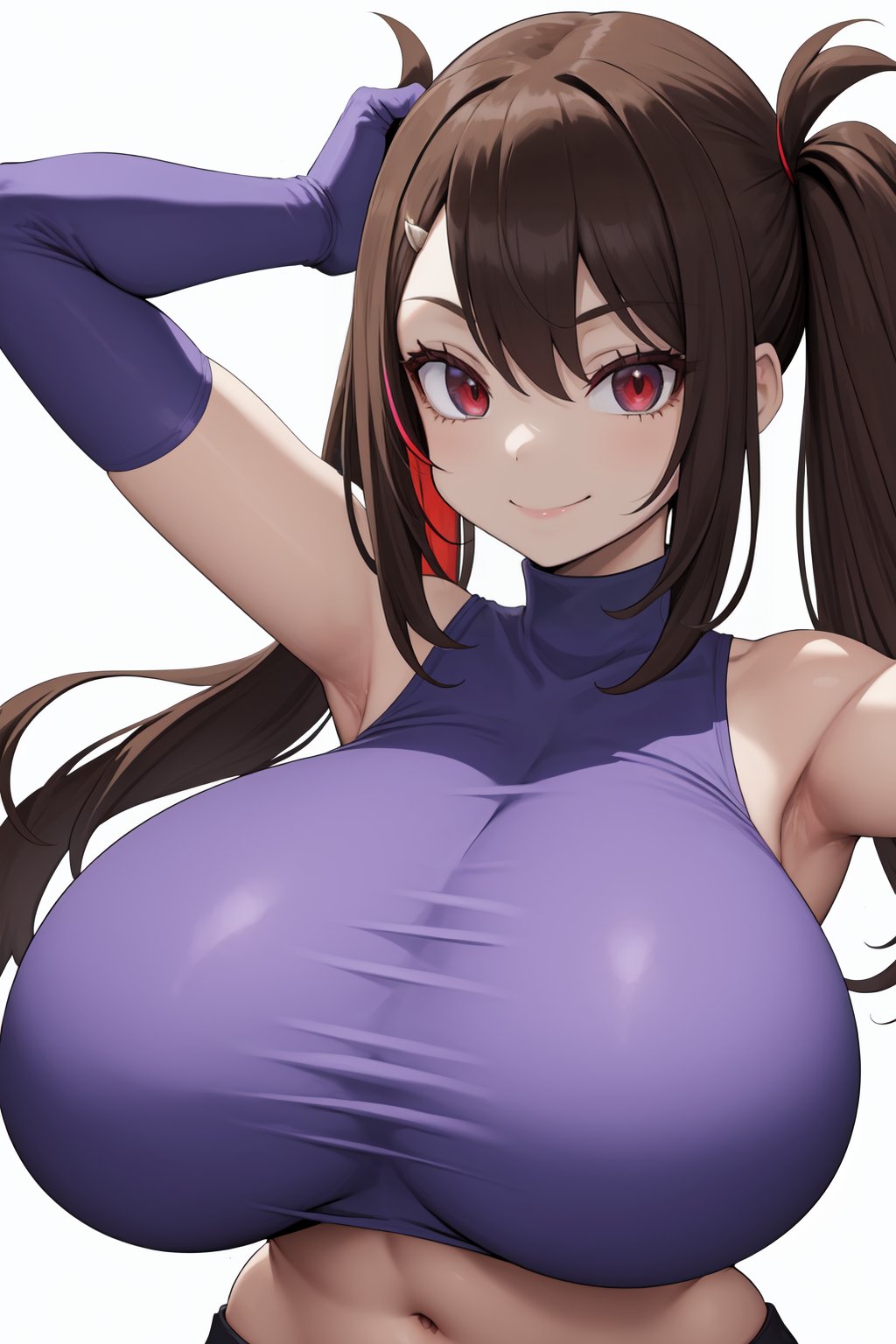 1girl, gigantic breasts, breasts, brown hair, closed mouth, crop top, cropped shirt, eyelashes, gloves, hand up, midriff, multicolored hair, navel, pokemon (creature), purple gloves, purple shirt, red eyes, red hair, shirt, sleeveless, sleeveless shirt, smile, snake, streaked hair, turtleneck, two-tone hair, white background, 