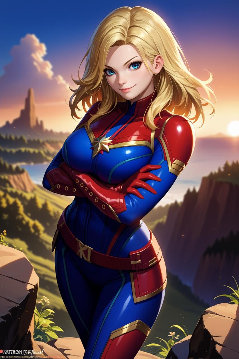 score_9, score_8_up, score_7_up, score_6_up, source_anime, 1girl, solo, <lora:cptmarvel-pdxl-nvwls-v1-000006:1> cptmvl, blonde hair, long hair, blue eyes, large breasts, red and blue bodysuit, red gloves, belt, red boots, crossed arms, happy, looking at you, sunset, cliff, field, ocean