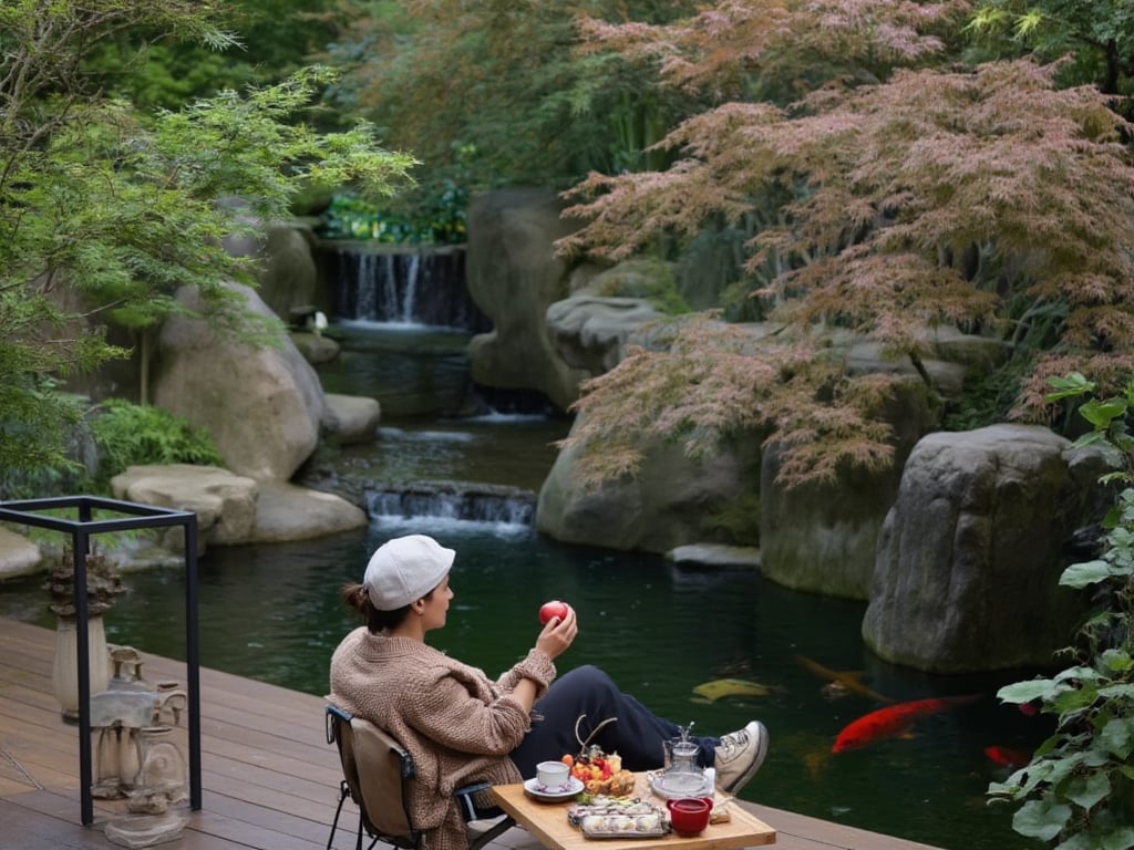 yard,a woman is seated on a chair facing a pond. She is wearing a white cap,a brown long-sleeved shirt,and black pants. Her hair is tied back in a ponytail,and she is holding a red apple in her right hand. Her left hand is resting on her hip,while her left hand rests on her right wrist. A teapot,a plate,and a tray of fruit are placed on the table in front of her. The table is placed on a wooden deck,with a black metal frame around it. Two goldfish can be seen swimming in the pond. The pond is surrounded by large gray rocks,and there is a waterfall in the middle of the image. To the left of the woman,there are green plants and trees.,(Fish pond:1.05),