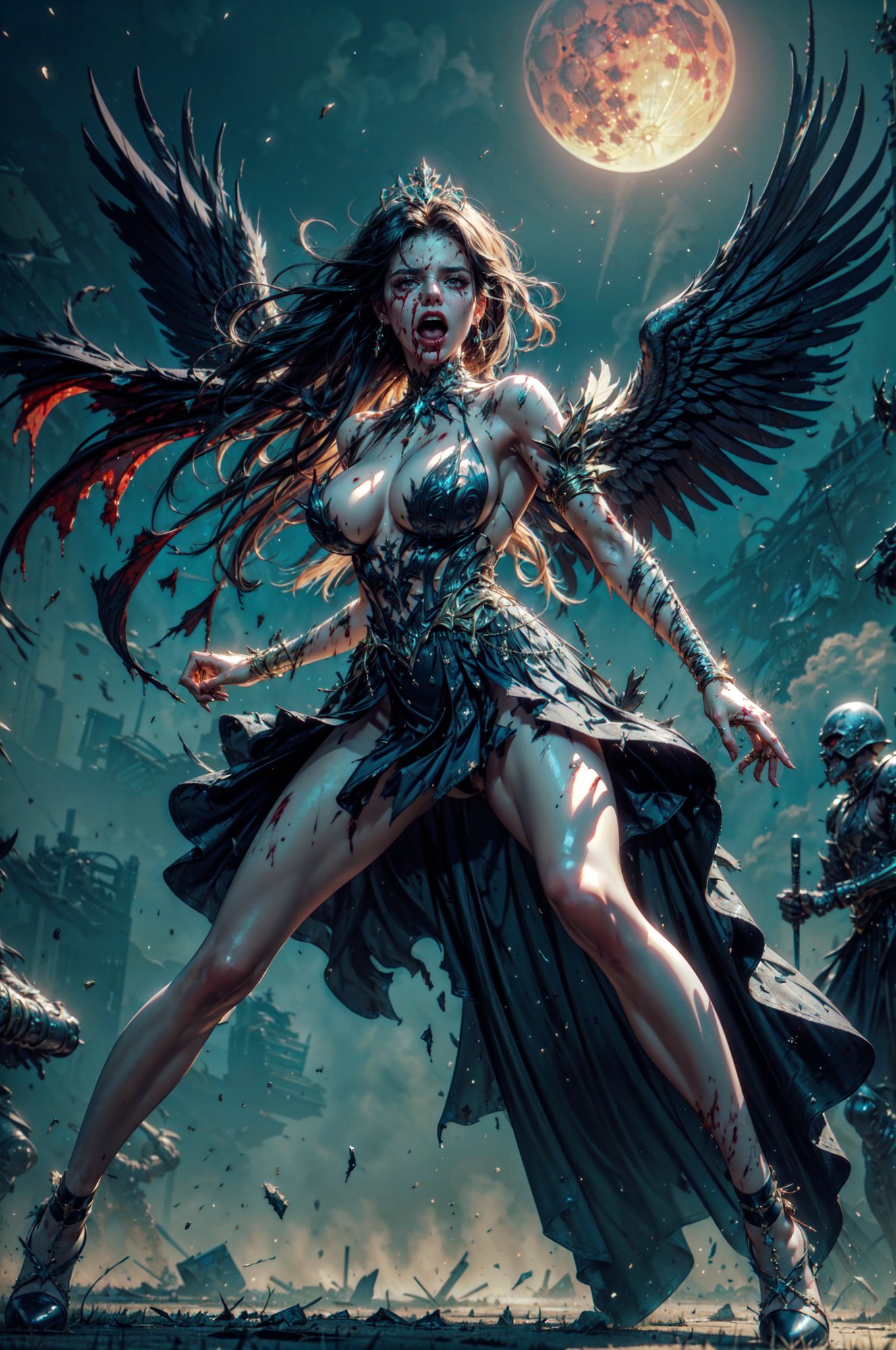 Stunning girl wearing a black LAstargalaxydress, (black dress:1.4), hair moved by wind, (black hair), beautiful red eyes, long hair, <lora:LAstargalaxydress10-constant64:0.65> , (large black wings), (falling feathers), (onyx tiara), (ornaments_earrings:1.1), large breasts, (torn clothes:1), ((war cry, screaming, battle worn, tired, bloody. blood splashes):1.3), BREAK,(masterpiece), perfect anatomy, intricate, (highly detailed), photorealistic, perfect anatomy, cinematic lighting, shading, best quality, ultra-detailed, (illustration), looking at viewer,  (extremely detailed dress design), fantasy theme, dynamic pose, stunning details, (heavenly background:1.3), (dark theme:1.3), (battlefield, fighting stance, battle, soldiers, war in the background, red moon, horror), <lora:clothing_explosion_lora01:0.8> <lora:GoodHands-vanilla:0.8> 