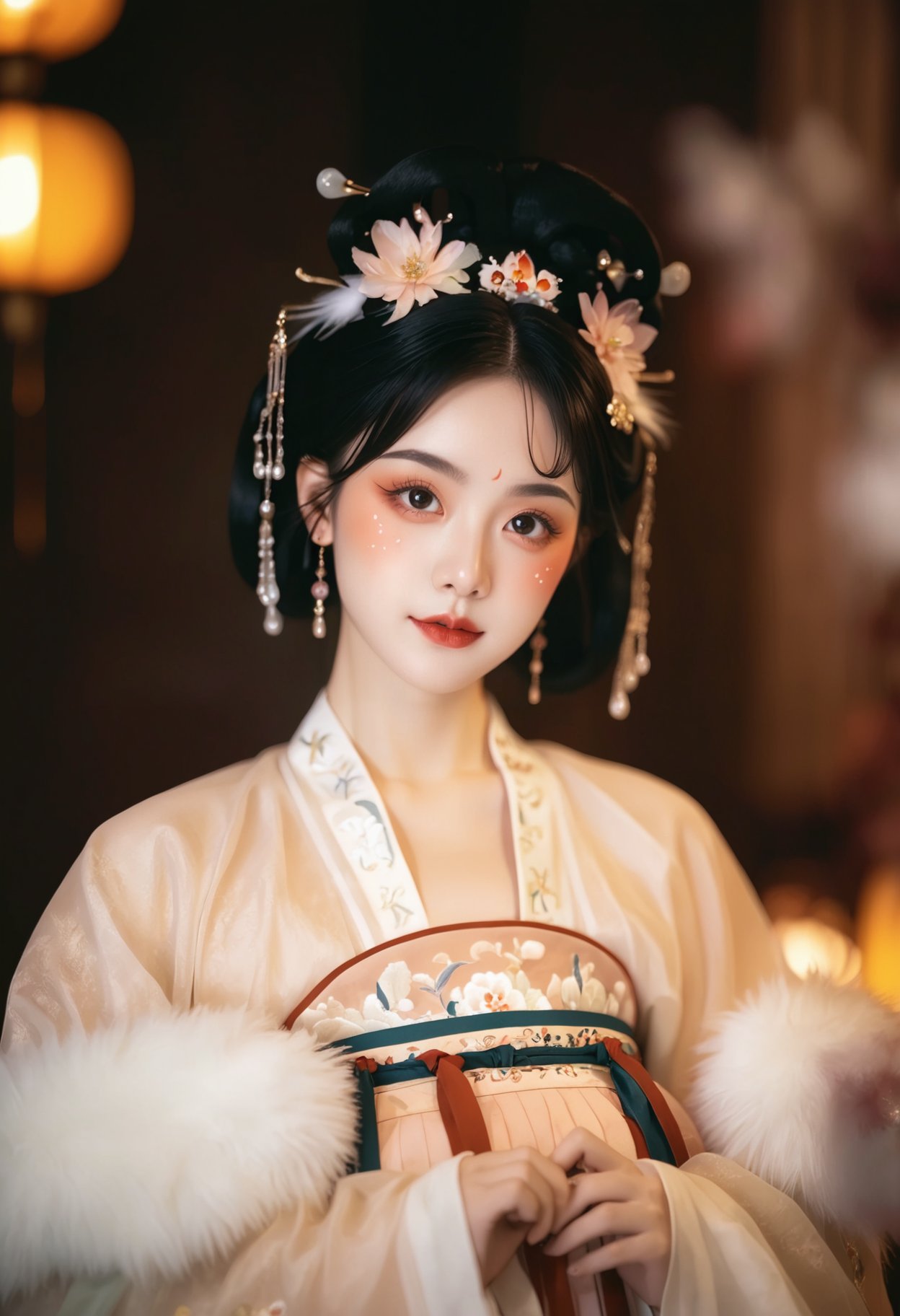 woman,Hanfu,Tang dynasty hairstyle,Zan Zan in the hair,Pekingese fur headdress accessories,Hanfu ruqun,sheer overlay,floral embroidery,gufeng makeup,dangling earrings,holding a Yueqin,soft lighting,bokeh background,warm color palette,portrait orientation,close-up shot,indoor setting,historical fashion