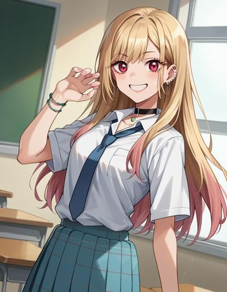 score_9, score_8_up, score_7_up, source_anime, marinkitagawa, <lora:marin-kitagawa-ponyxl-lora-nochekaiser:1>, marin kitagawa, long hair, bangs, blonde hair, red eyes, multicolored hair, smile,skirt, shirt, jewelry, school uniform, white shirt, pleated skirt, earrings, necktie, choker, bracelet, blue skirt, plaid, black choker, plaid skirt,indoors, classroom,looking at viewer, cowboy shot, dutch angle, dynamic pose,