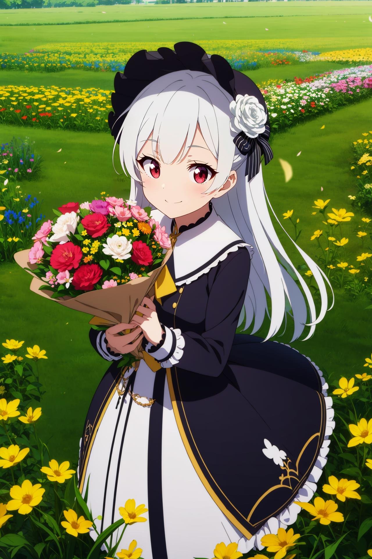 masterpiece, best quality, 1girl, solo, long_hair, looking_at_viewer, white hair, red eyes, smile, bangs, skirt, shirt, long_sleeves, hat, dress, bow, holding, closed_mouth, flower, frills, hair_flower, petals, bouquet, holding_flower, center_frills, bonnet, holding_bouquet, flower field, flower field, colorful,anime screencap, anime_coloring,anime_keyvisual